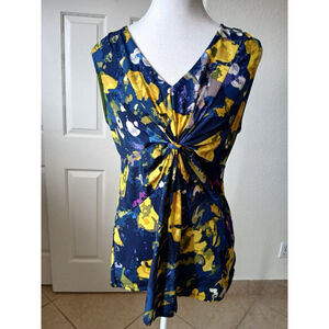 Daisy Fuentes Women Top Blouse Large Sleeveless Navy‎ Yellow Ruched V Neck